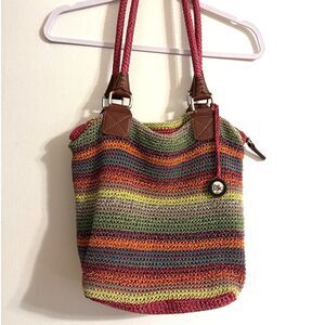 The Sak Cambria Crochet Boho Knit Hobo Tote Bag Purse Rainbow Multicolor Striped